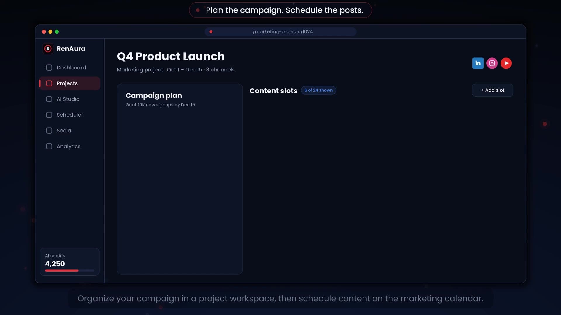 RenAura project workspace with a campaign plan and content slots
