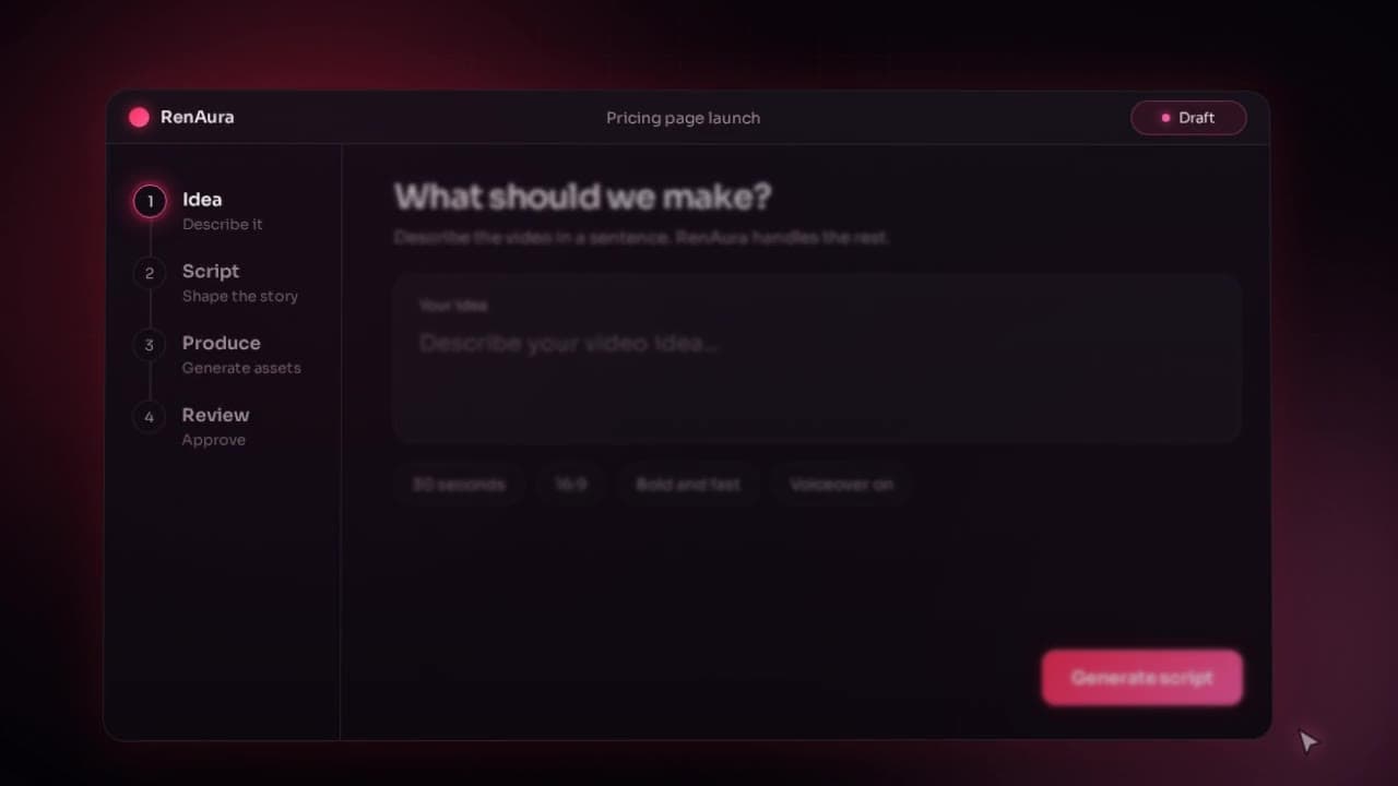 RenAura idea step from renaura.renaissa.ai, a draft with script, produce and review stages