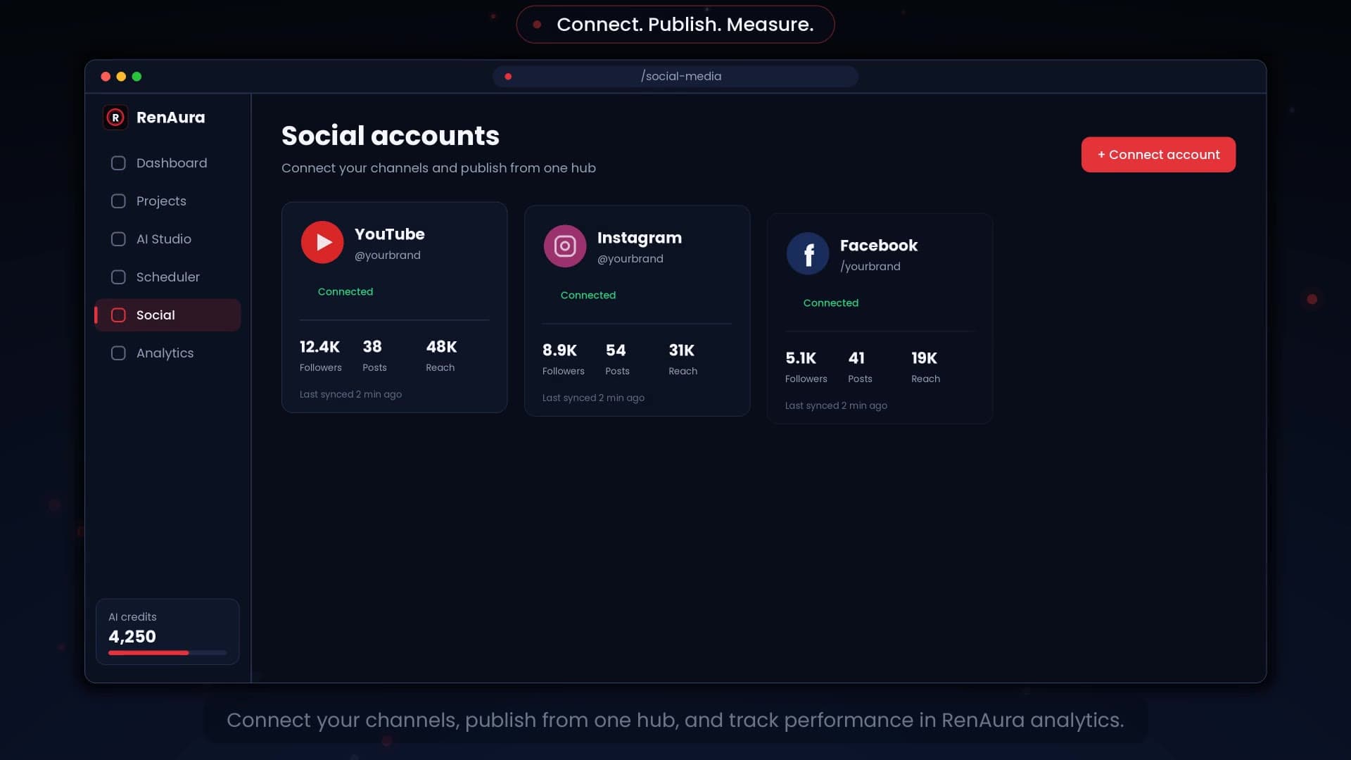 RenAura social accounts screen listing YouTube, Instagram and Facebook