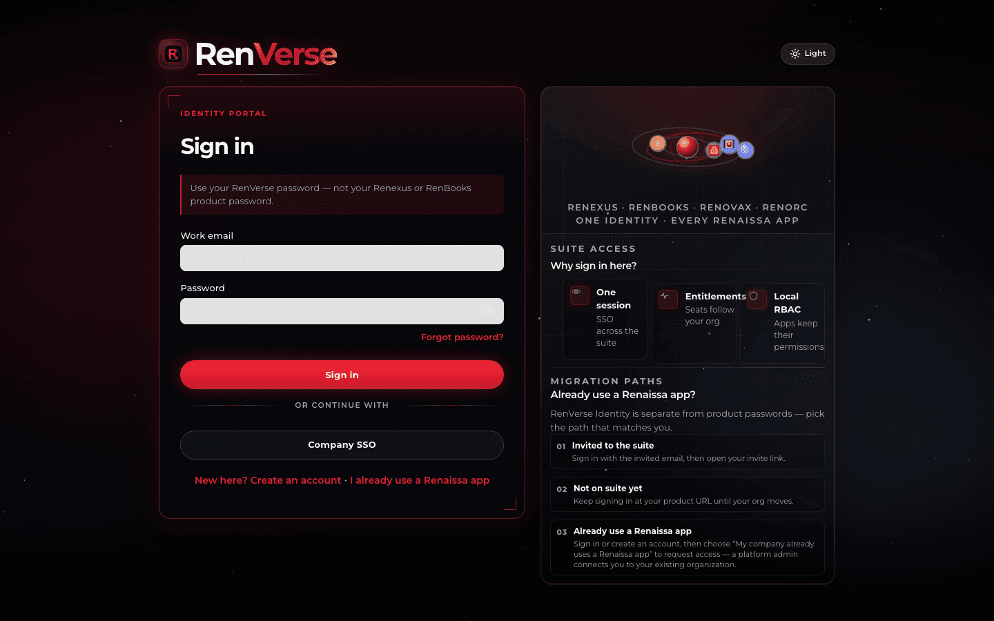 RenVerse sign-in screen from renverse.renaissa.ai, with work email, password, company SSO and suite identity notes